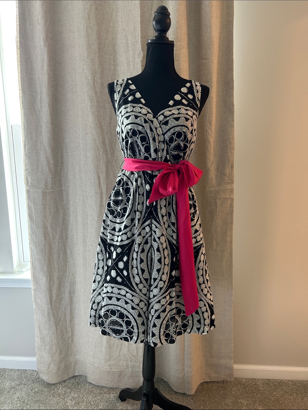 Anthropologie Black & White Patterned Midi Dress with Pink Sash